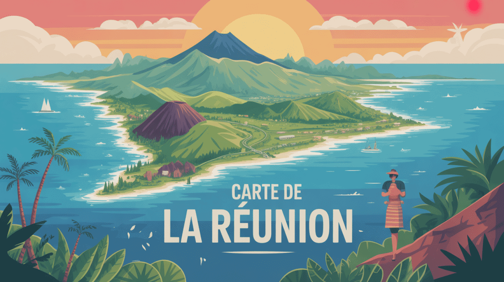Carte reunion stylisée montagnes volcans sentiers