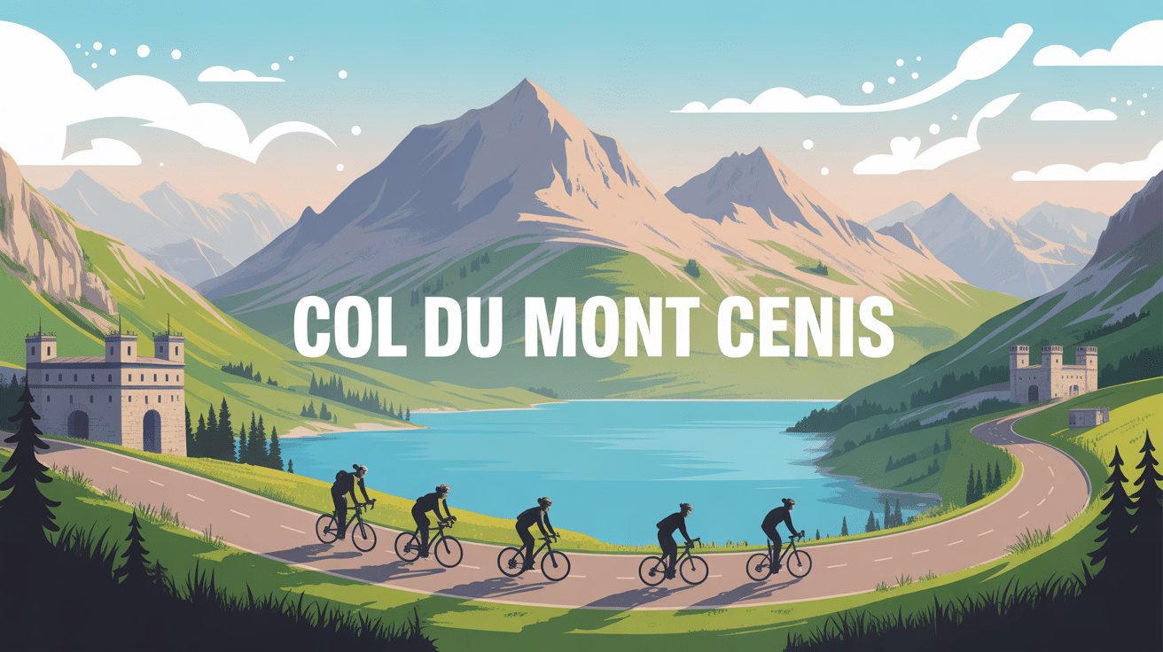 illustration du col du mont cenis avec lac bleu, montagnes et route