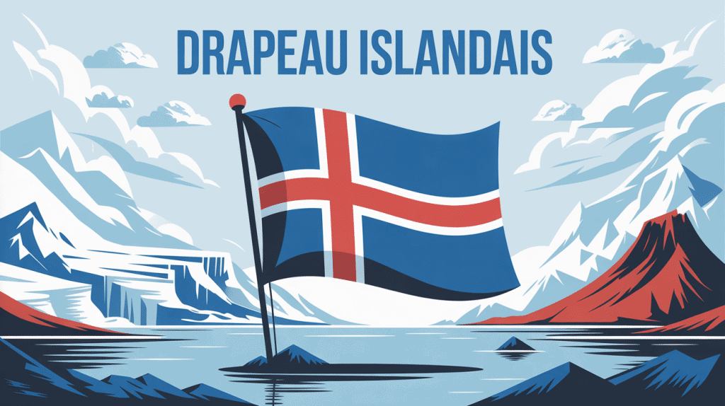 Drapeau Islande flottant devant mer, glaciers et volcans