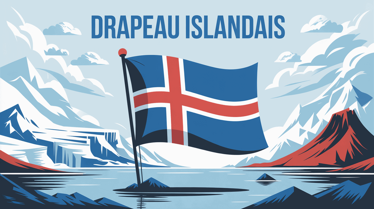 Drapeau Islande flottant devant mer, glaciers et volcans