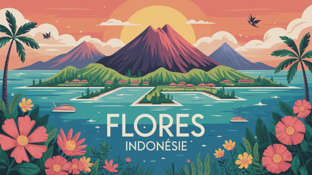 illustration vectorielle de flores indonesie volcan lagon villages faune