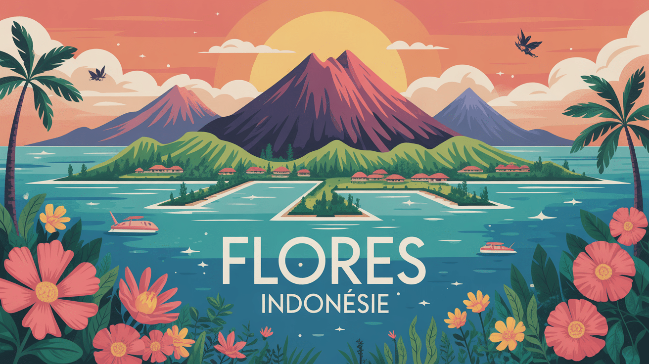 illustration vectorielle de flores indonesie volcan lagon villages faune