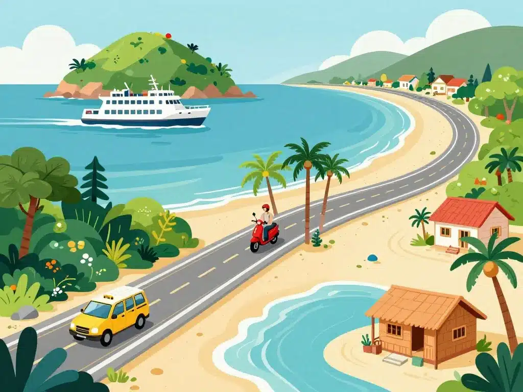 koh chang ferry scooter taxi plages illustration