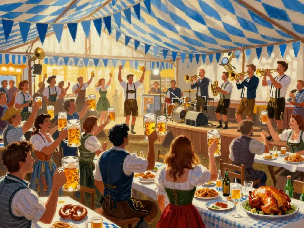 Intérieur tente Oktoberfest 2024 ambiance bière spécialités bavaroises