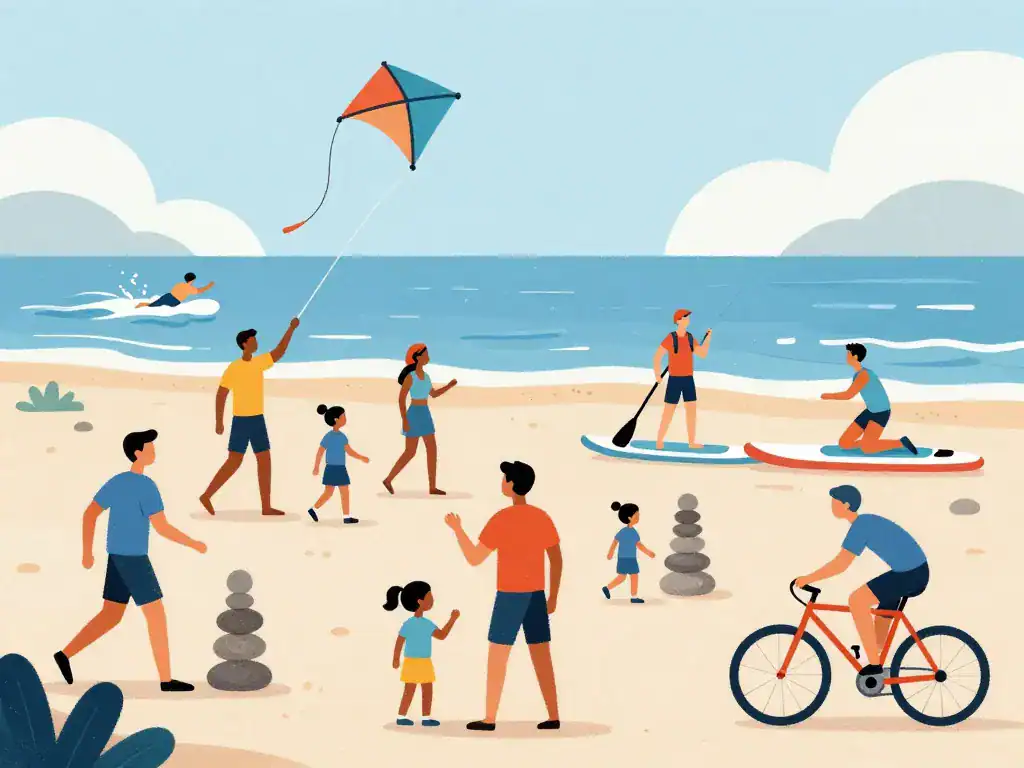 Famille et sportifs aux loisirs sur la plage du Havre