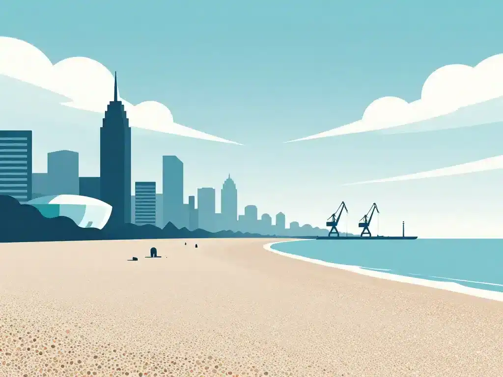 Ambiance front de mer plage du Havre avec immeubles Perret et galets