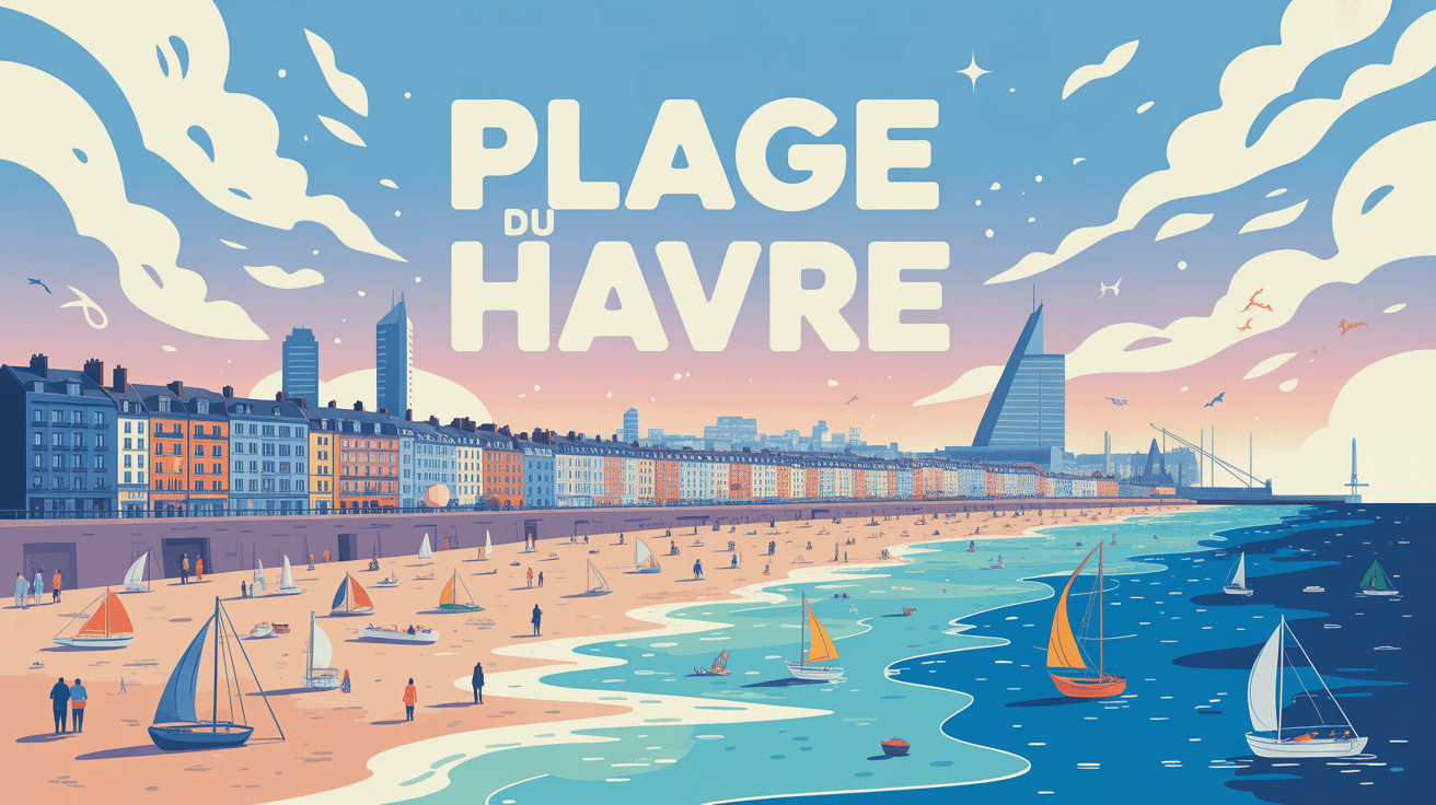 Illustration urbaine stylisée de la plage du Havre avec galets et immeubles