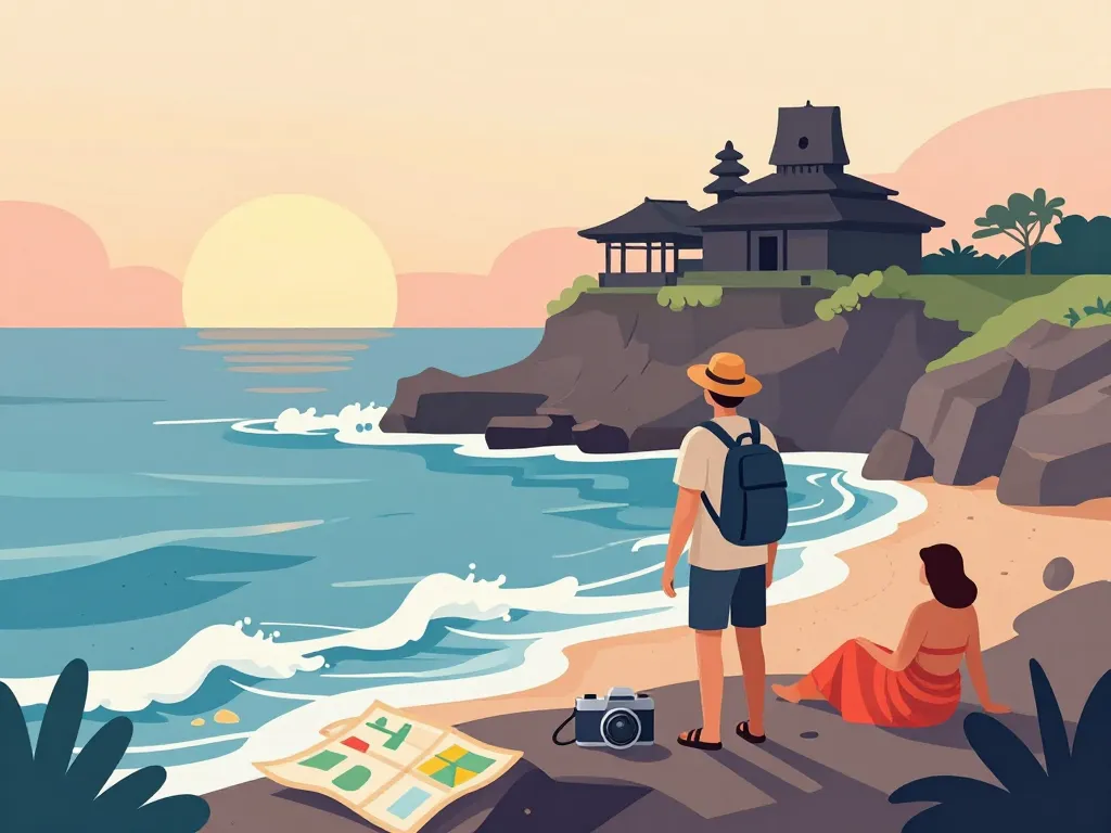 Voyageur vers Tanah Lot Indonesia temple bord de mer coucher de soleil