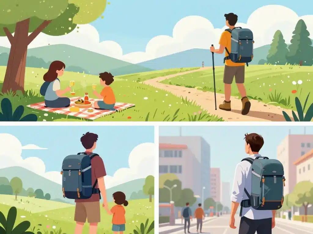 Scènes d’utilisation d’un sac a dos isotherme en famille, randonnée et ville
