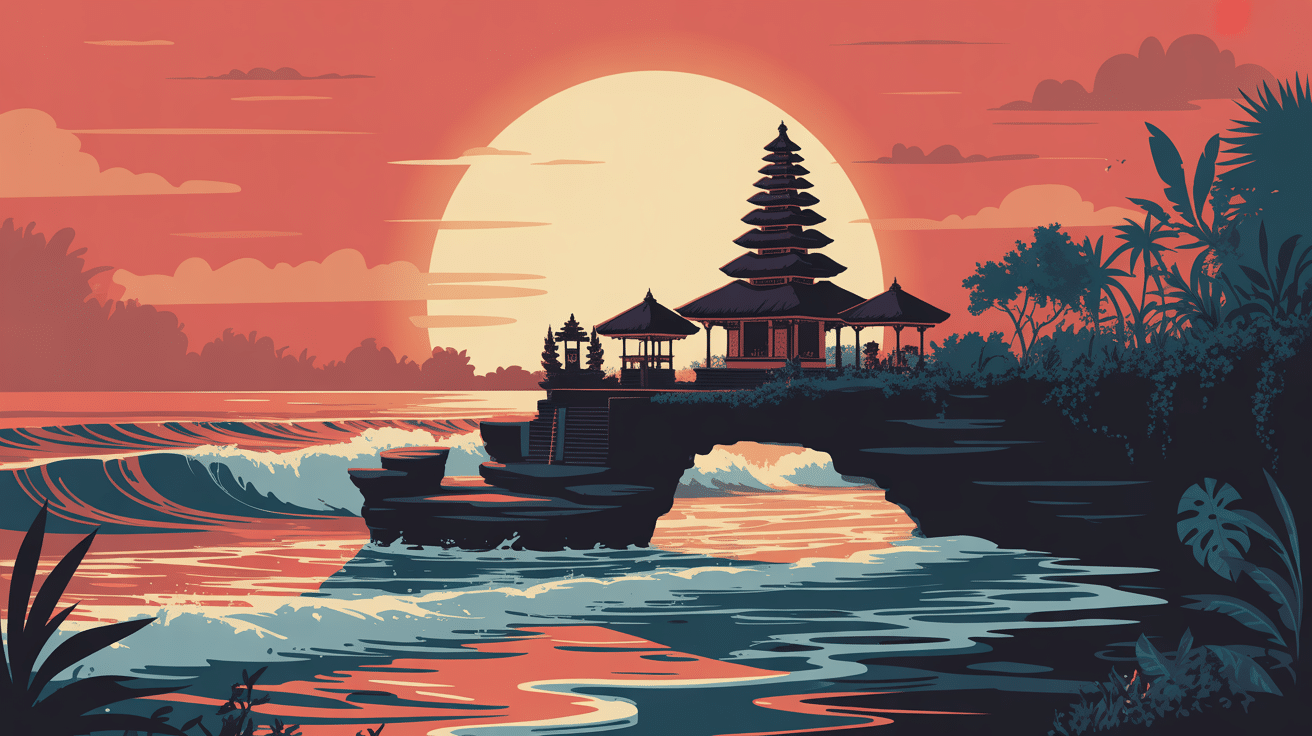 Illustration vectorielle du temple Tanah Lot Indonesia sur rocher au coucher de soleil