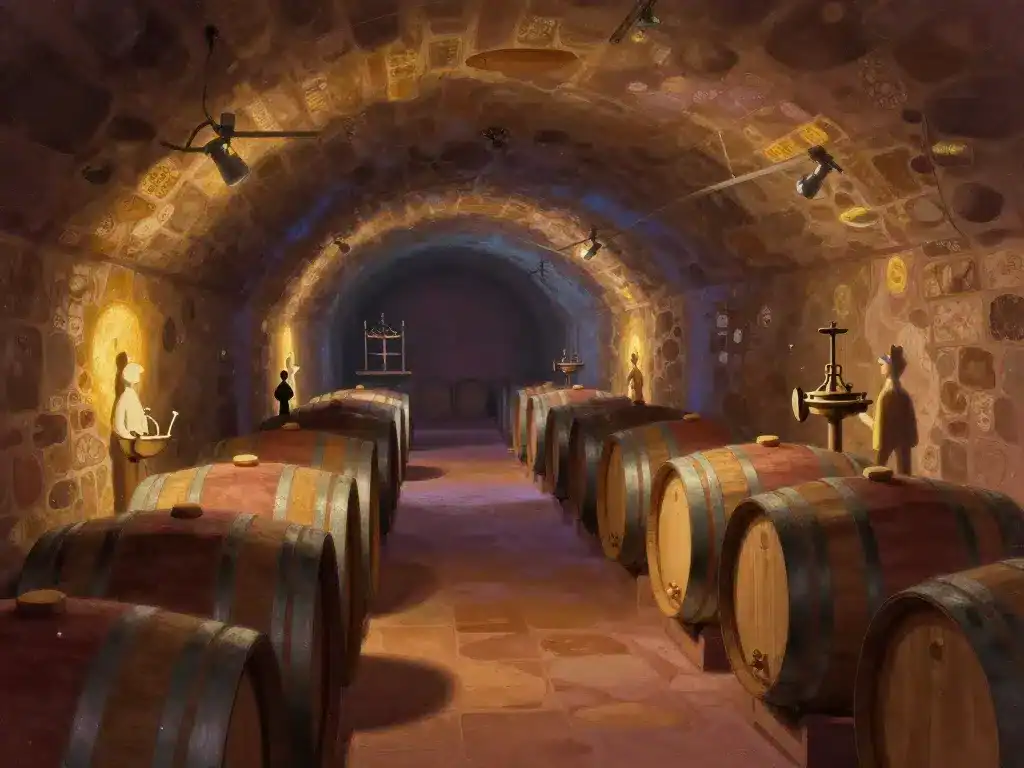 Ambiance mystérieuse Terra Vinea, tunnels, barriques, vin