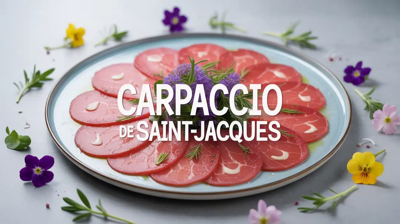 Carpaccio de Saint Jacques en rosace sur assiette blanche avec herbes et fleurs
