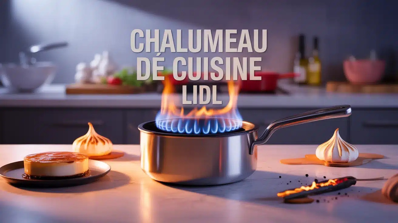 Chalumeau de cuisine Lidl moderne avec flammes bleues sur plan de travail