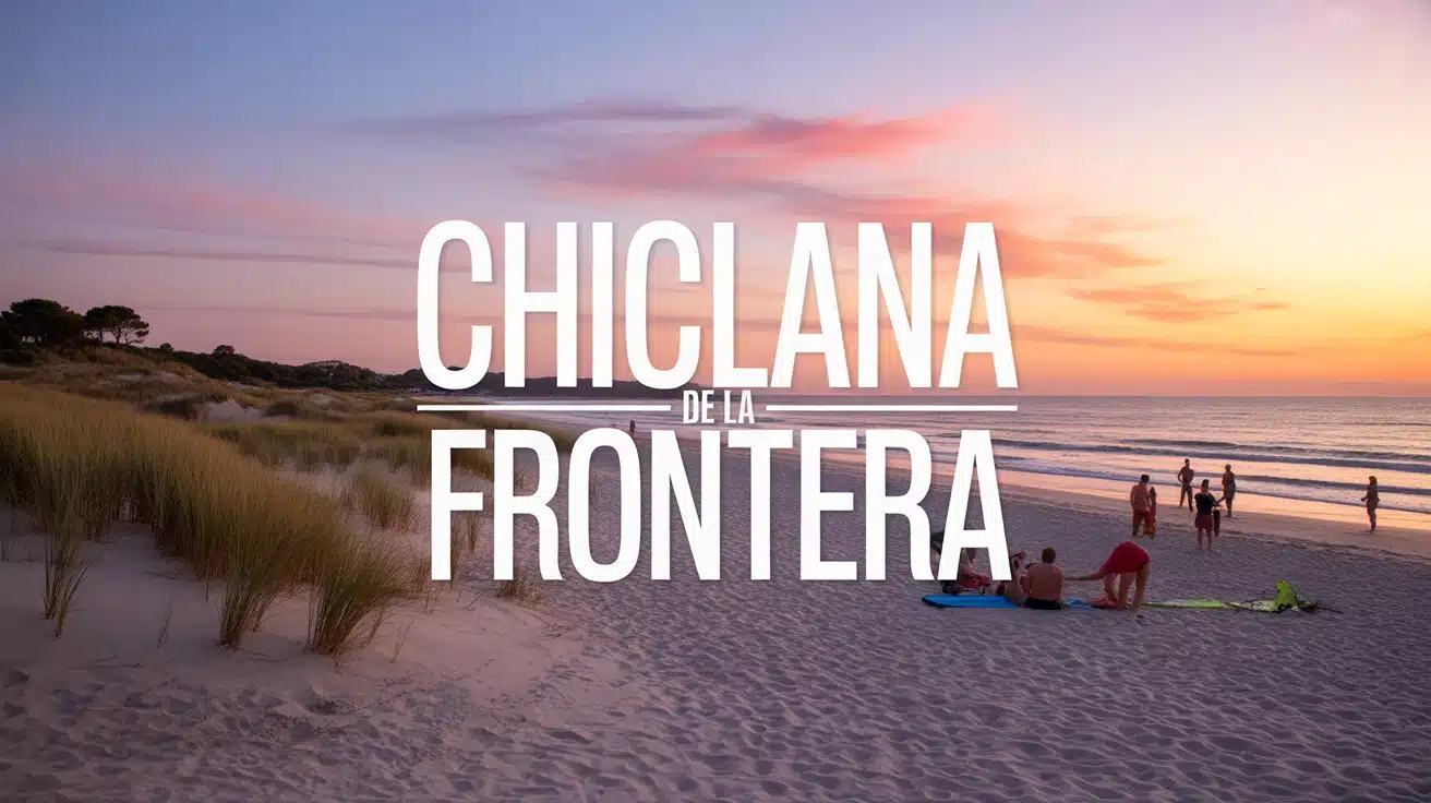 Plage de Chiclana de la Frontera au coucher de soleil avec dunes et pinèdes