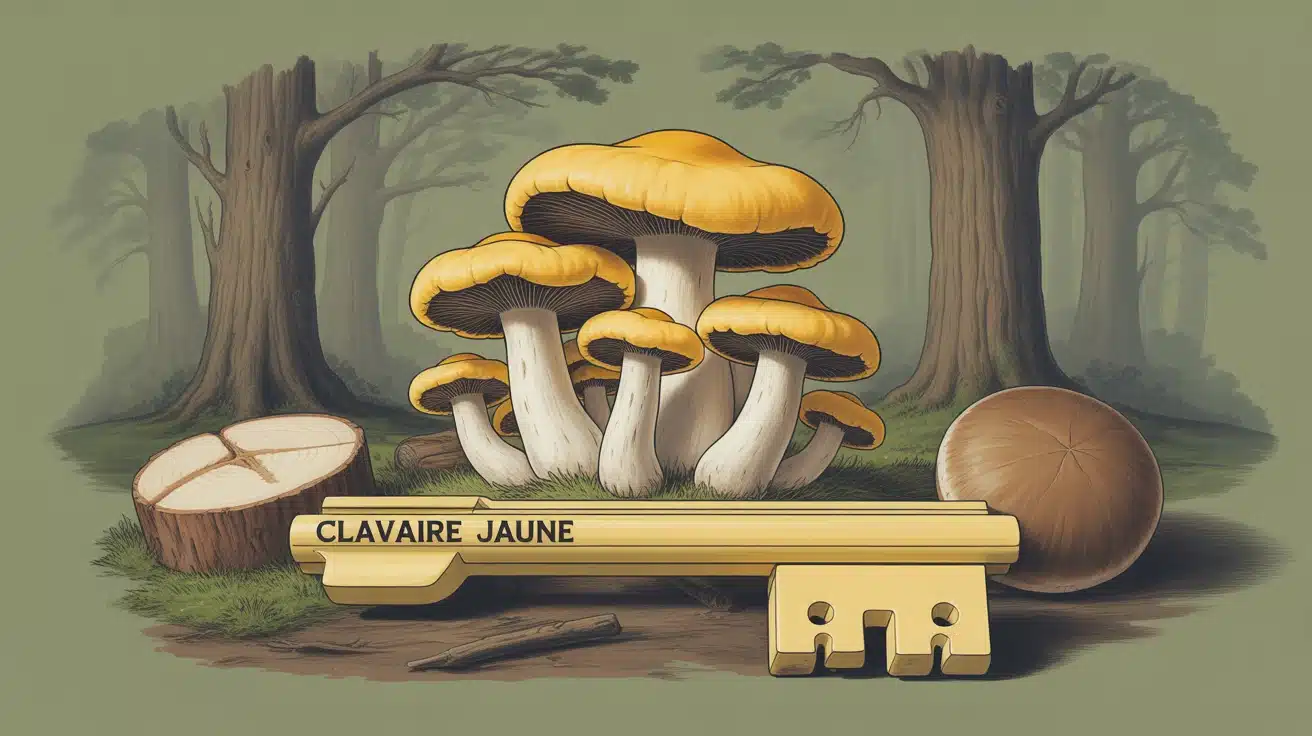 Illustration clavaire jaune en forêt avec sous-bois vert
