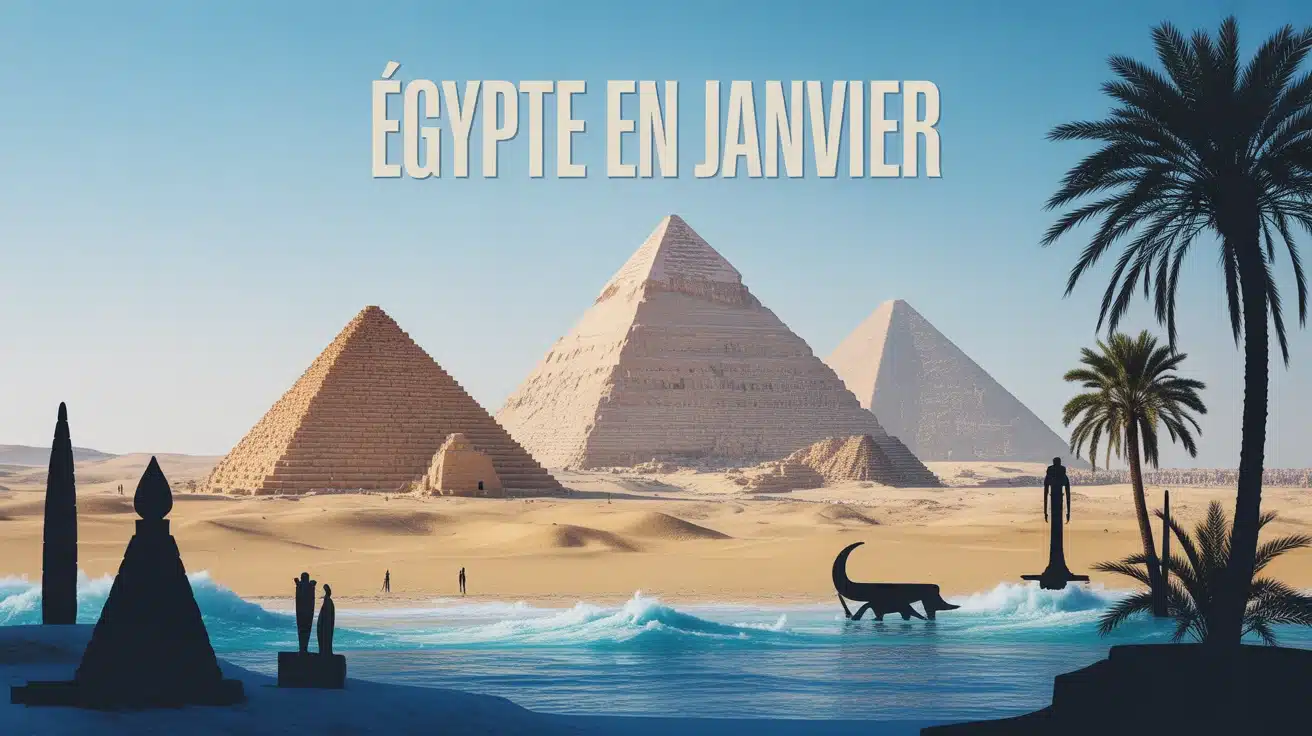 Paysage stylisé Égypte en janvier avec pyramides et Nil