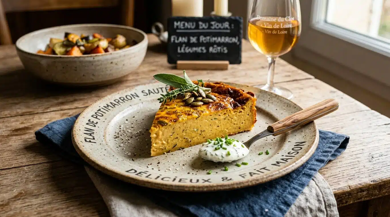Flan de potimarron doré et onctueux servi dans une assiette rustique