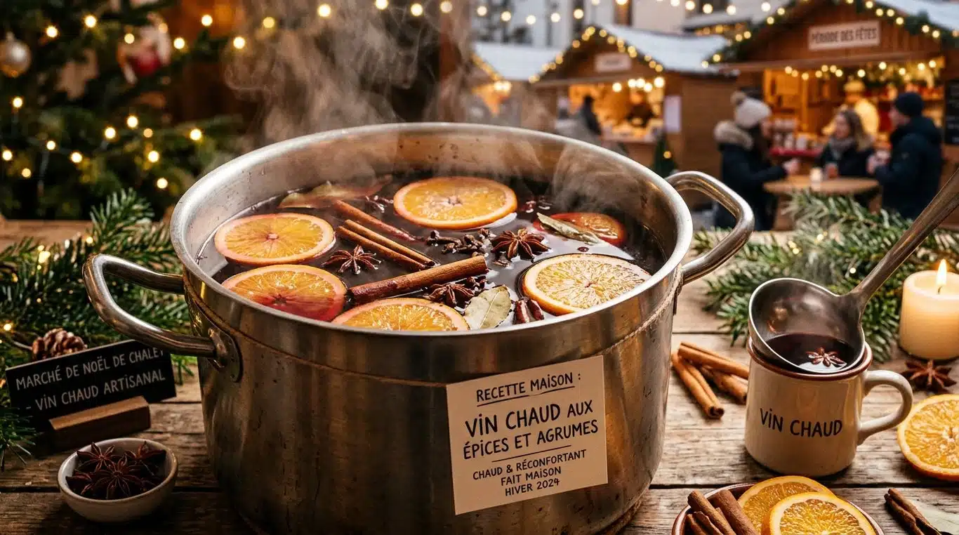 Grande marmite de vin chaud fumant avec épices et agrumes pour un événement