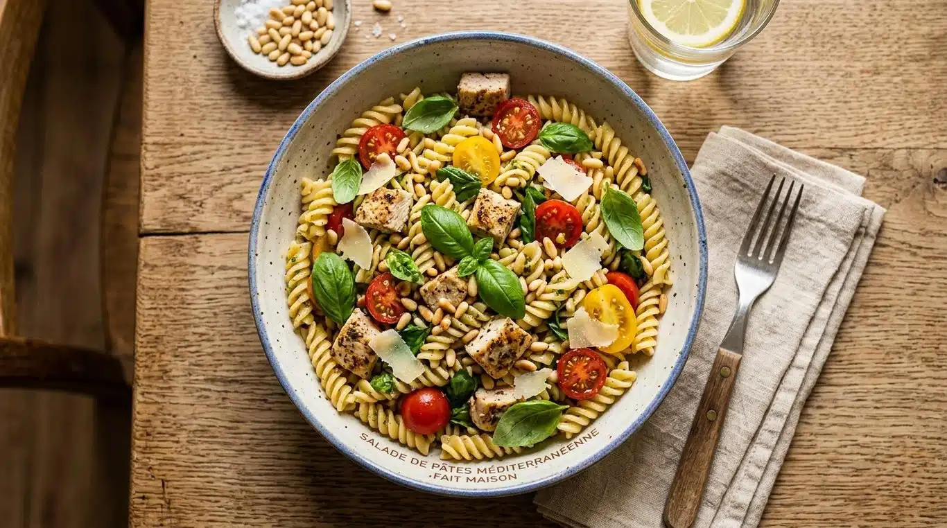 Salade de pâtes au poulet façon Riviera avec tomates cerises, basilic et parmesan