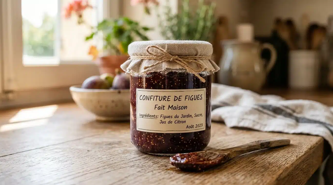 Pot de confiture de figues maison sur une table en bois