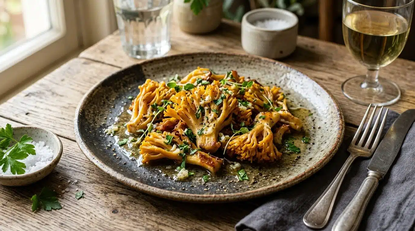 Poêlée de clavaire jaune préparée avec de l'ail et du persil
