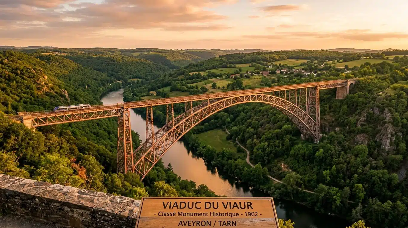 Le viaduc du Viaur surplombant la vallée verdoyante au coucher du soleil