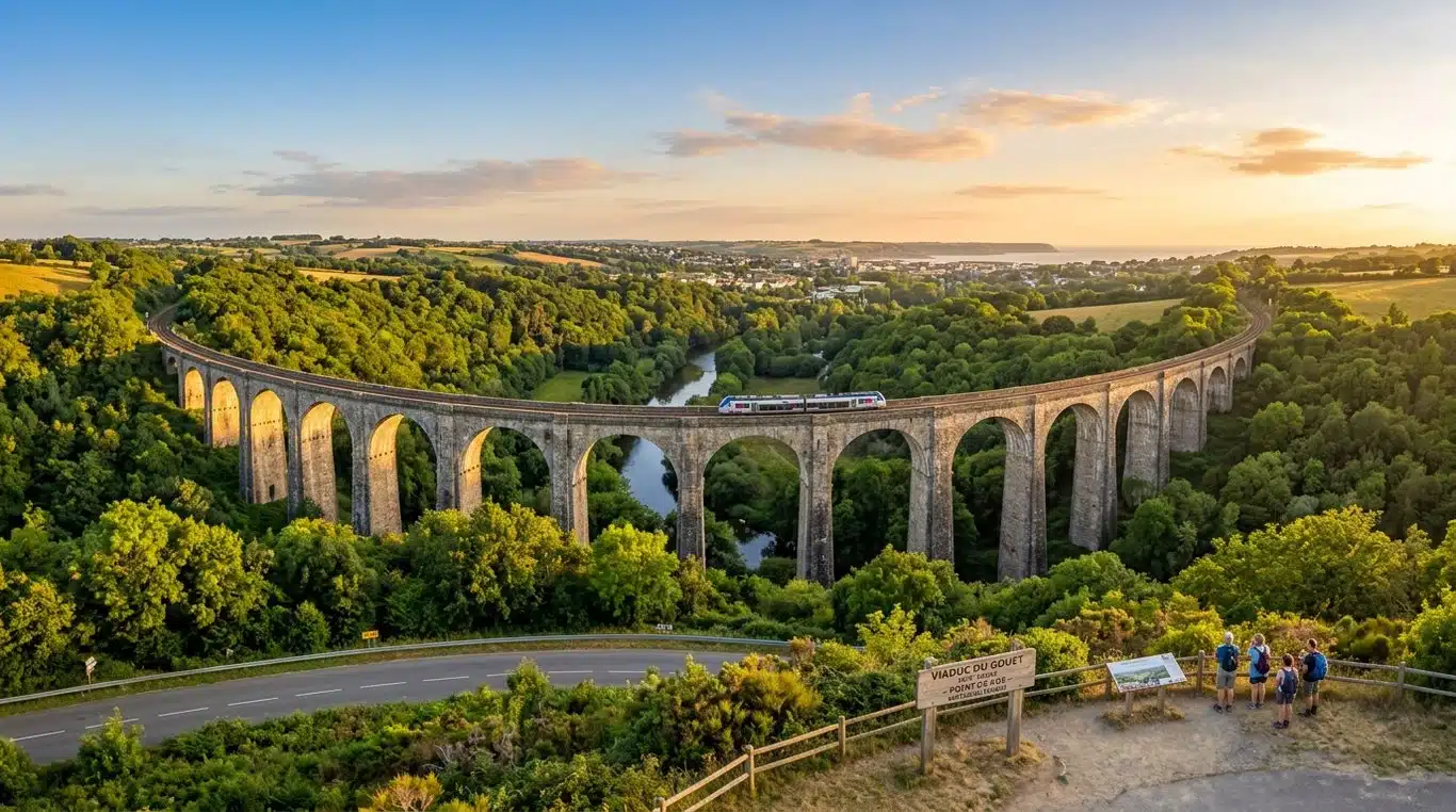 Vue panoramique du viaduc du Gouët dans la vallée, illustrant son architecture en arches de pierre.