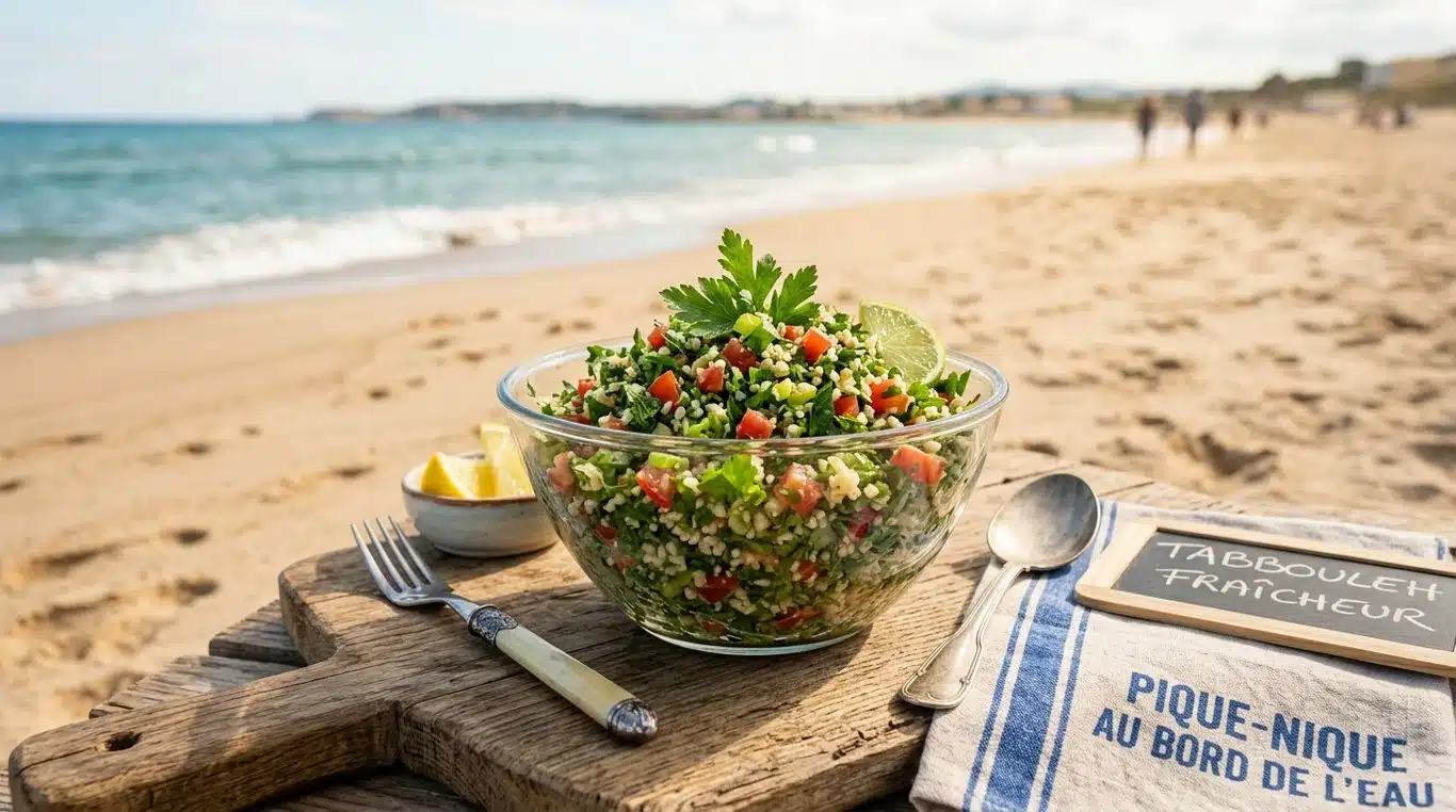 Taboulé libanais frais préparé pour un pique-nique à la plage