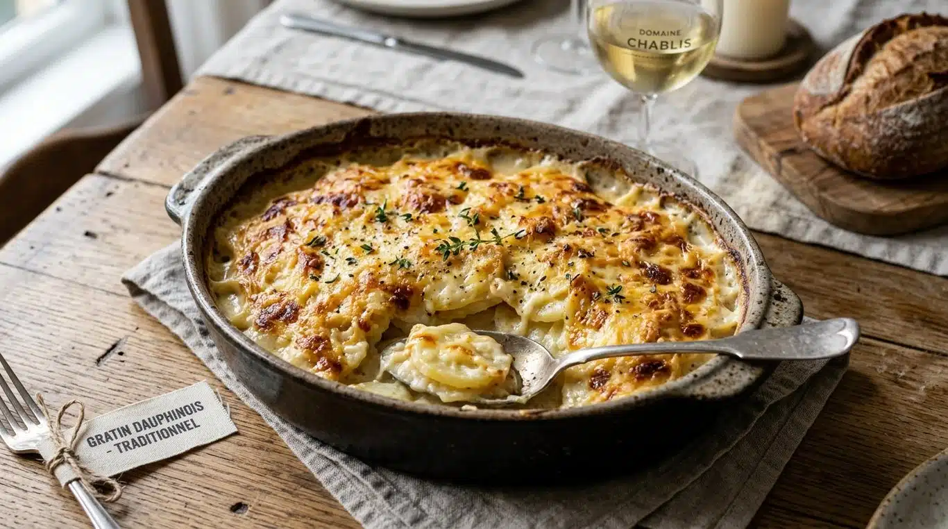 Gratin dauphinois traditionnel dans un plat en céramique