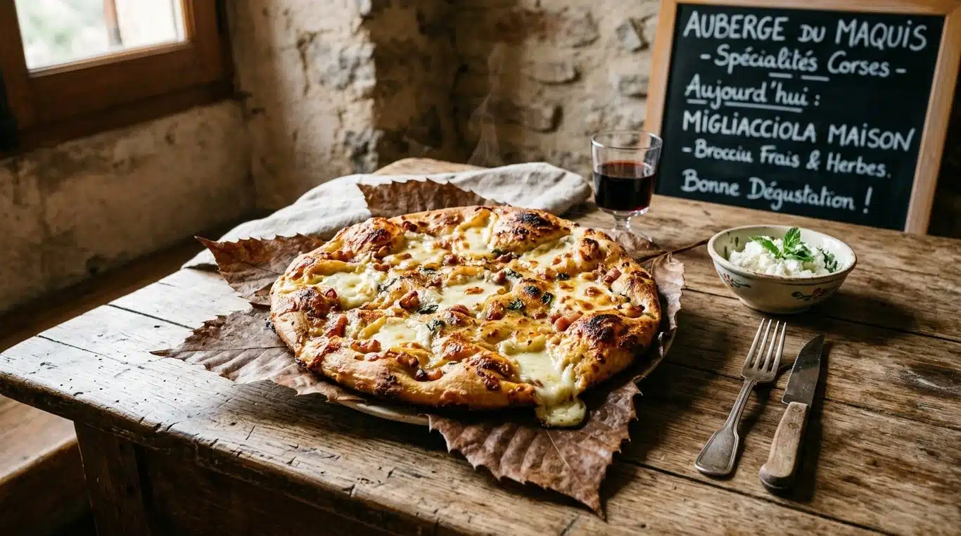 Migliacciola corse traditionnelle servie sur une feuille de châtaignier