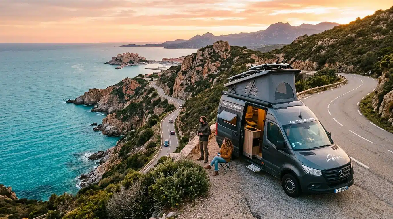 Van aménagé sur une route côtière en Corse au coucher du soleil