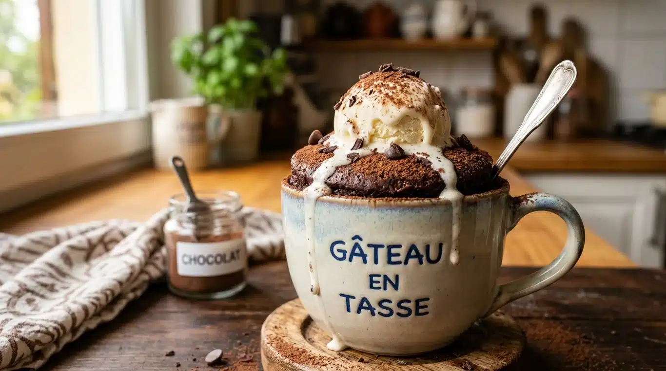 Mug cake au chocolat fondant avec une boule de glace vanille
