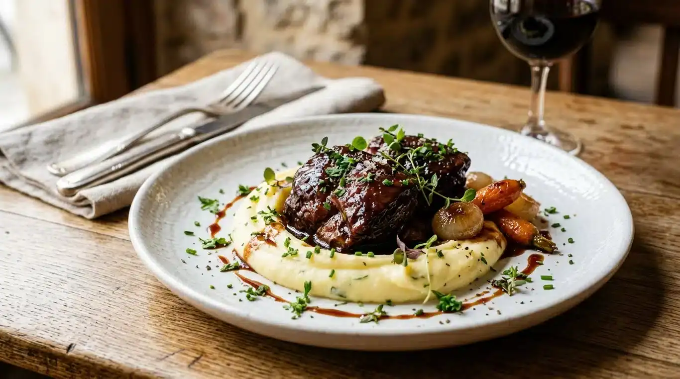 Plat gastronomique de joues de porc braisées