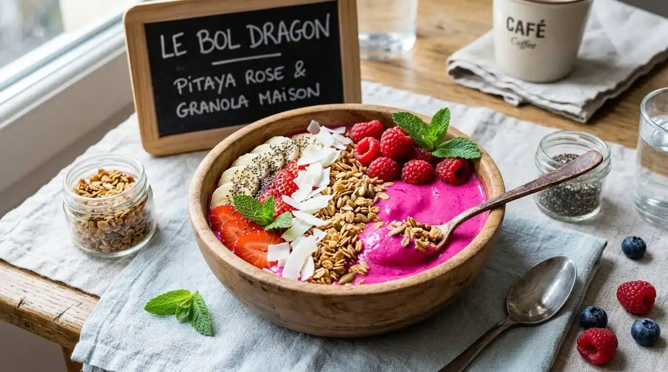 Bol de fruit du dragon (Dragon Bowl) avec granola et framboises.