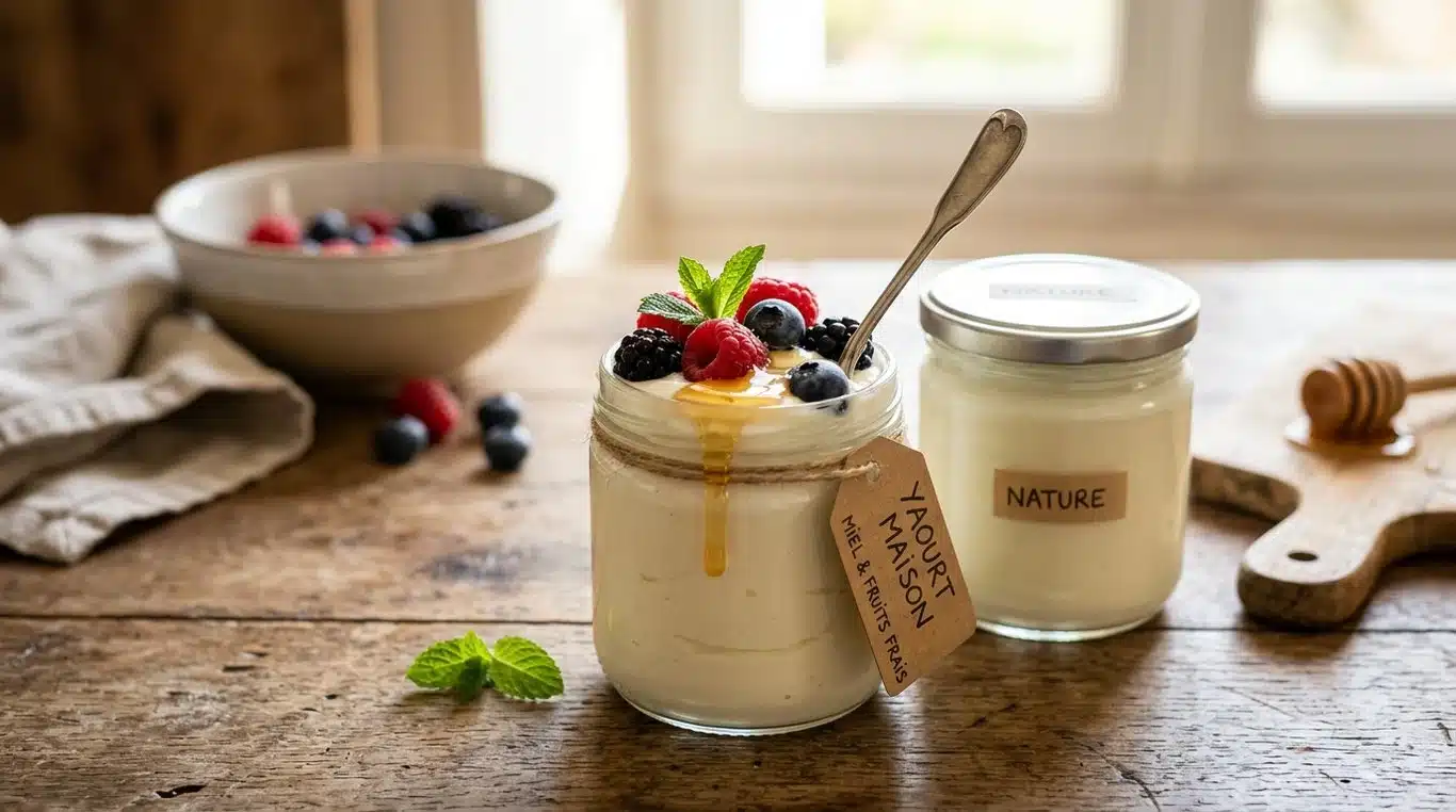 Yaourts maison onctueux dans des pots en verre avec des fruits frais