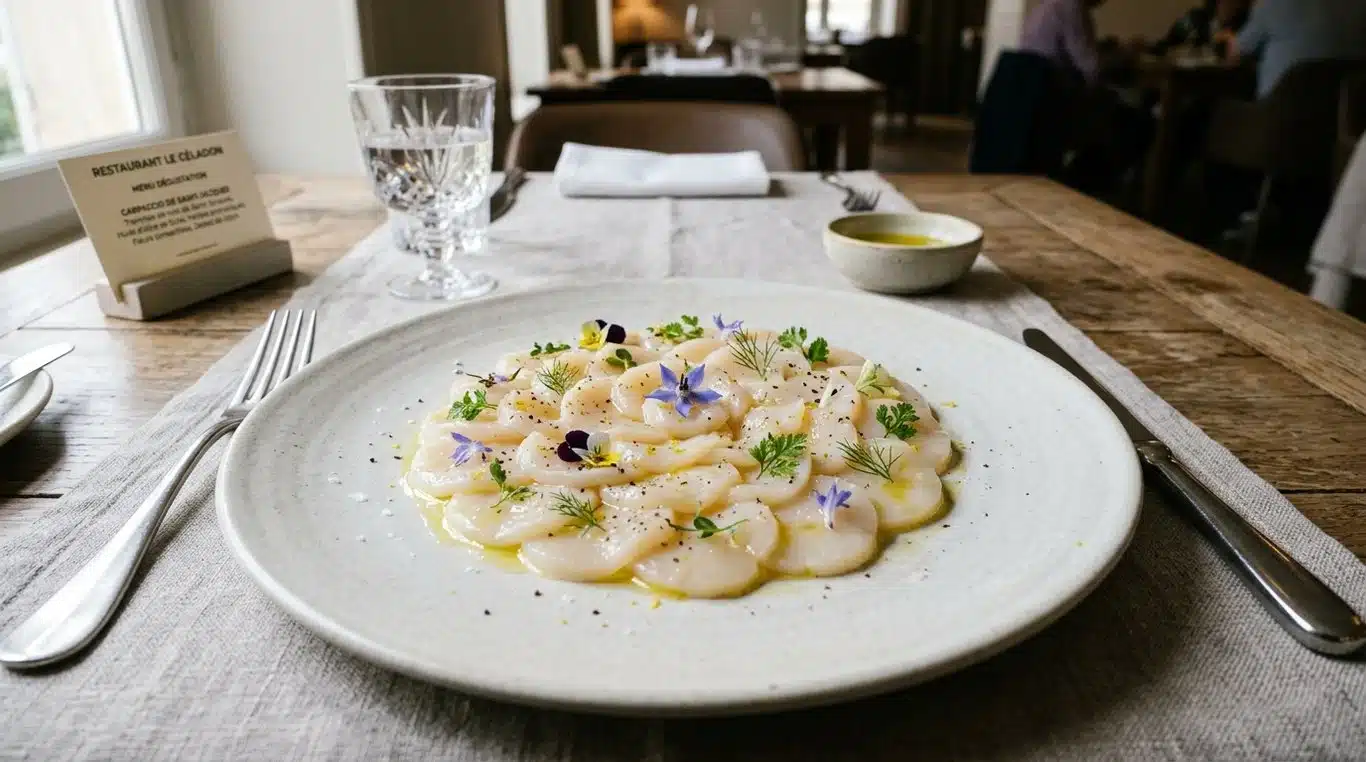 Carpaccio de Saint-Jacques gastronomique dressé en rosace avec herbes et fleurs comestibles