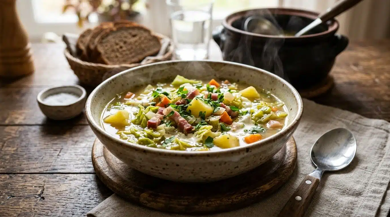 Bol de soupe traditionnelle au chou vert fumant, avec pommes de terre, carottes et lardons.