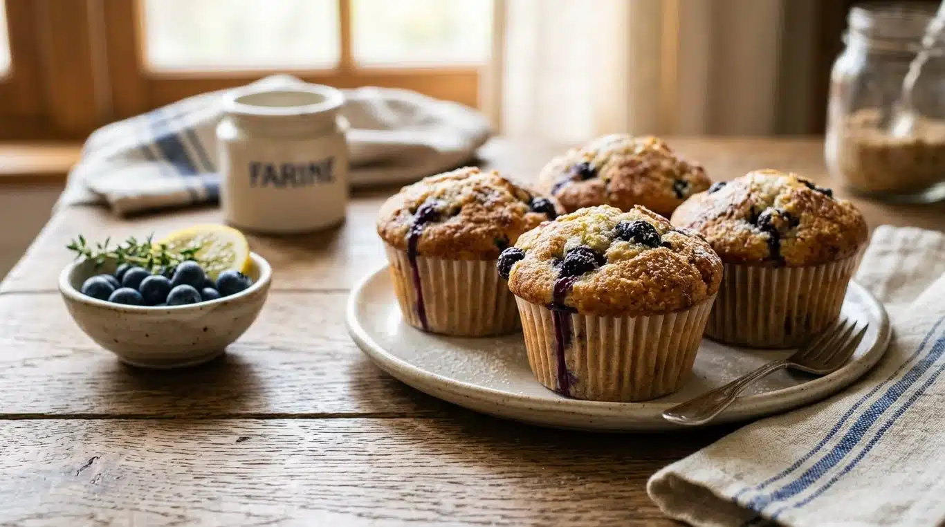 Muffins moelleux à la myrtille et au citron fraîchement sortis du four.