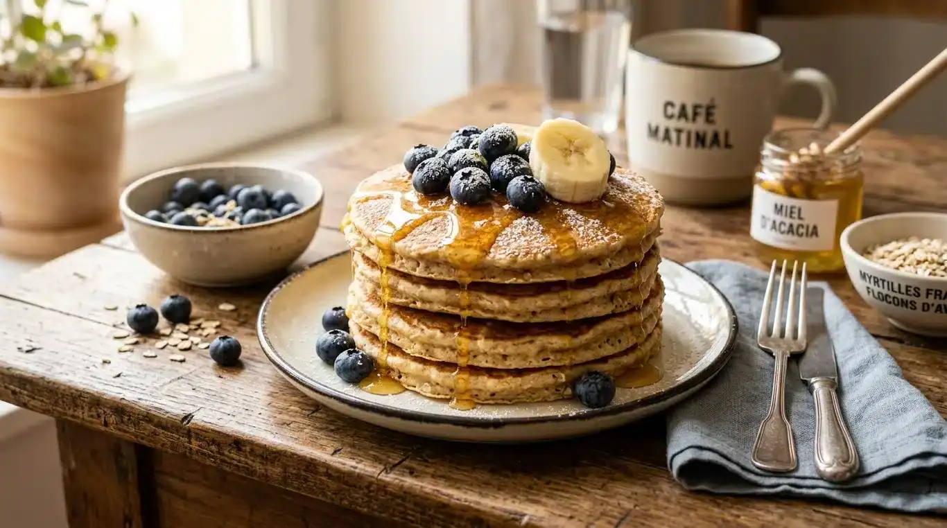 Pancakes aux flocons d'avoine moelleux et dorés avec des fruits frais.