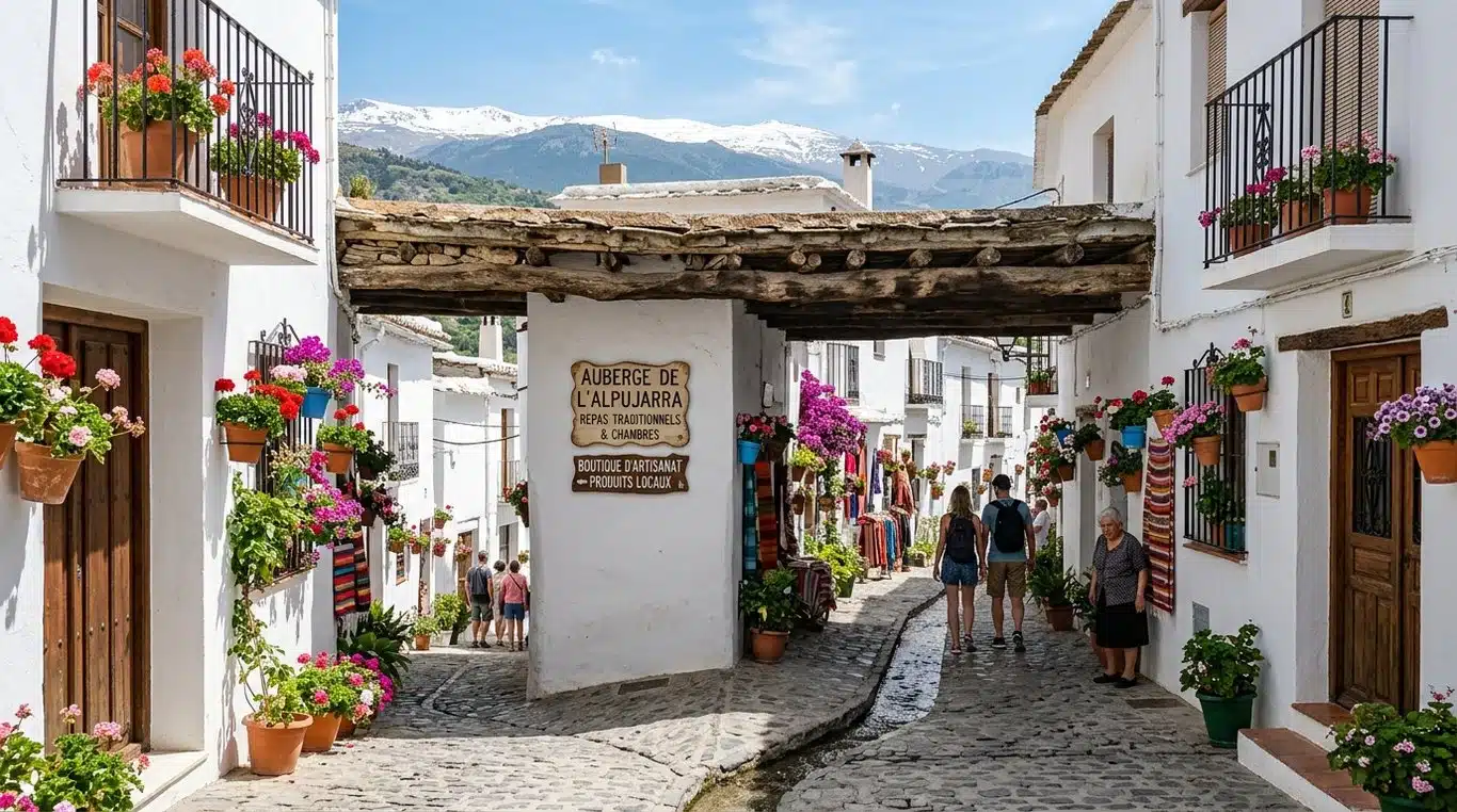 Vue pittoresque d'une ruelle fleurie à Pampaneira avec les sommets de la Sierra Nevada en arrière-plan.