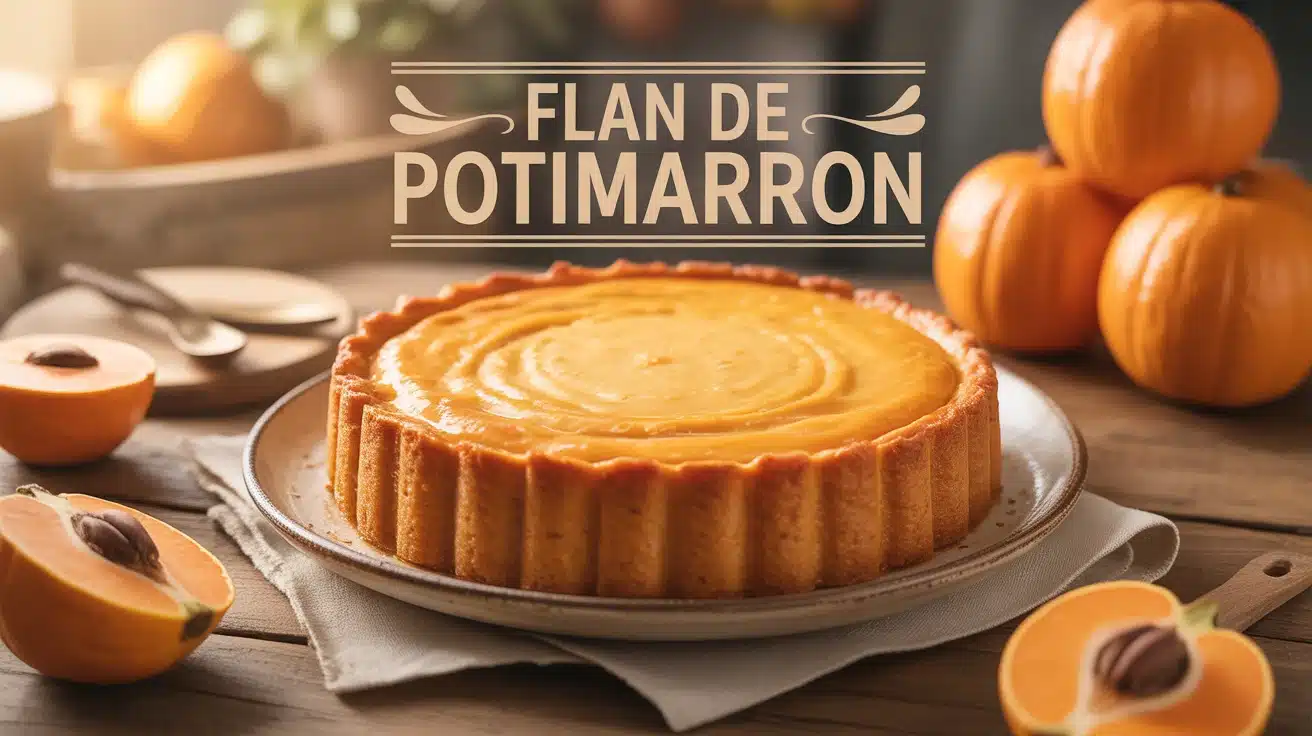 flan de potimarron crémeux dans plat rustique sur table en bois