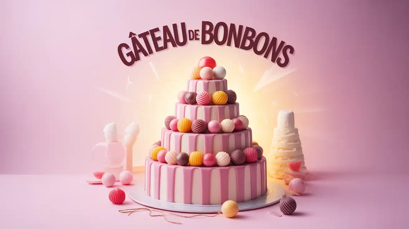 gâteau de bonbons multicolores avec étages décorés