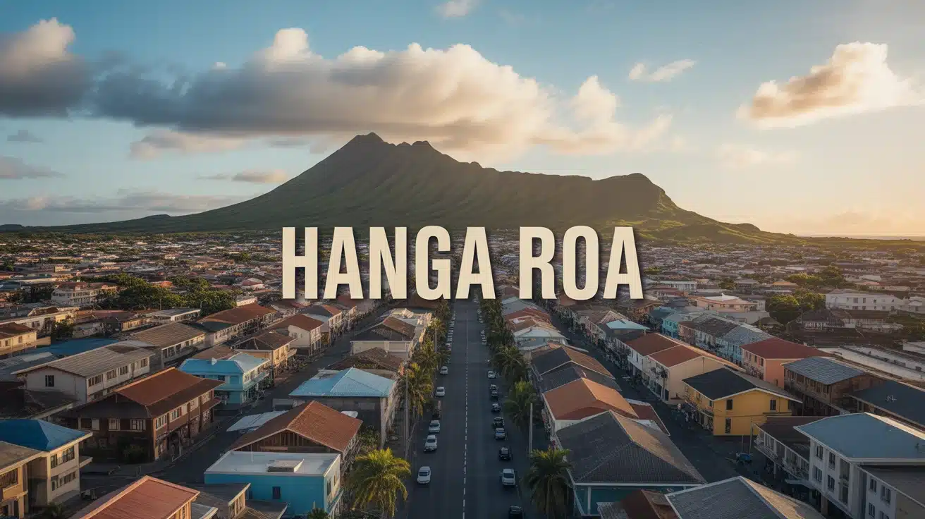 Illustration vectorielle de Hanga Roa avec volcans et maisons traditionnelles