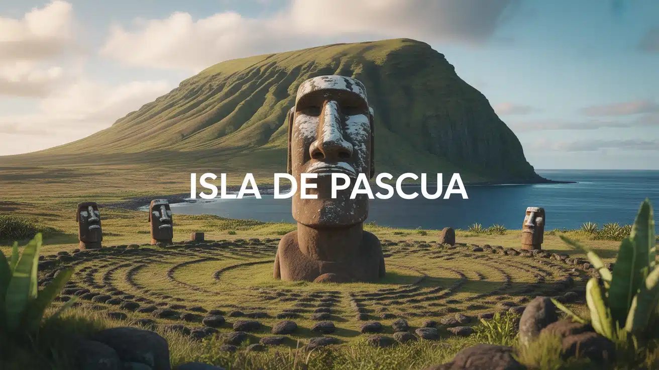 Illustration Isla de Pascua avec moaï et volcans