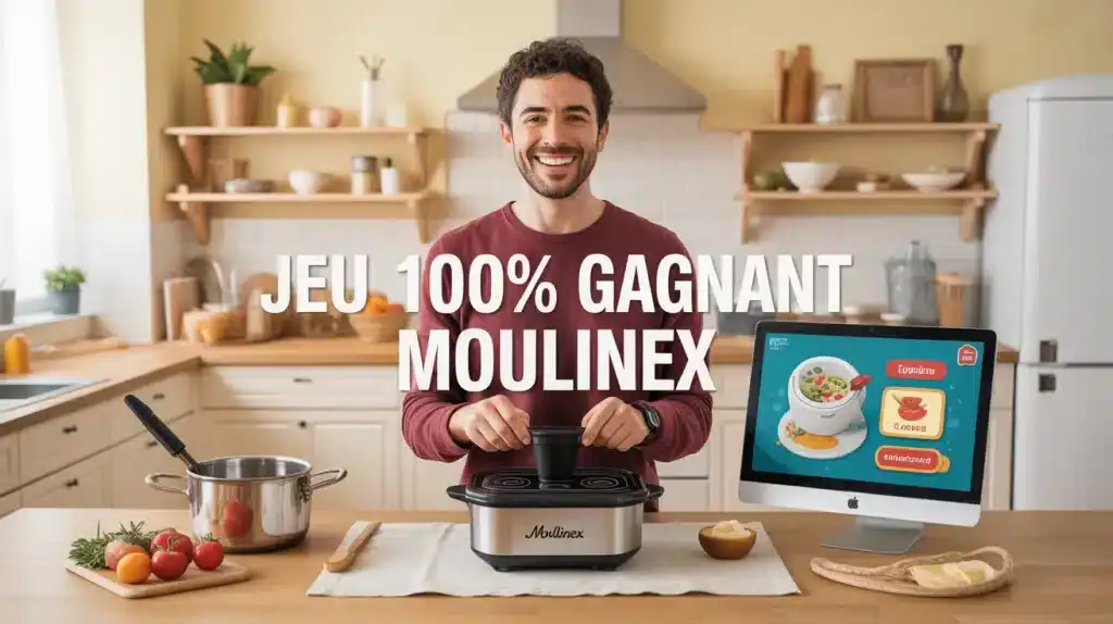 Illustration jeu 100% gagnant Moulinex utilisateur avec appareil cuisine