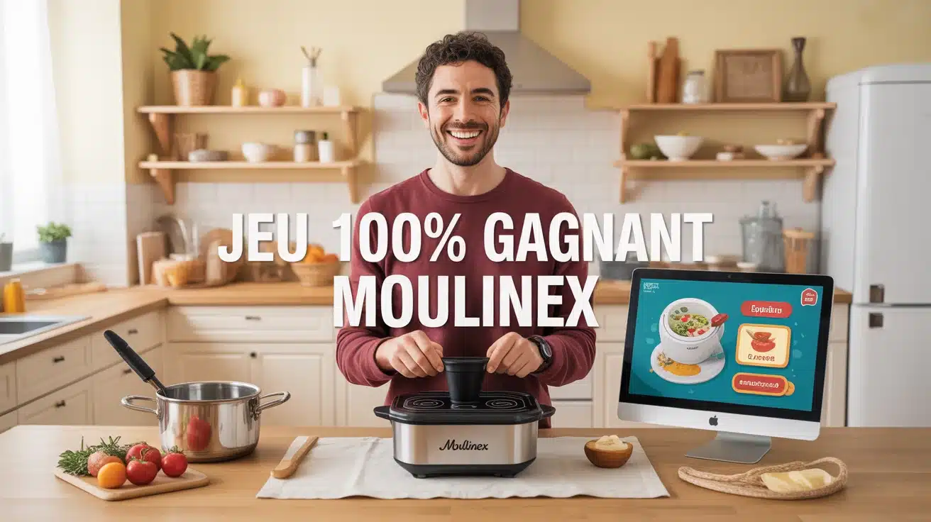 Illustration jeu 100% gagnant Moulinex utilisateur avec appareil cuisine