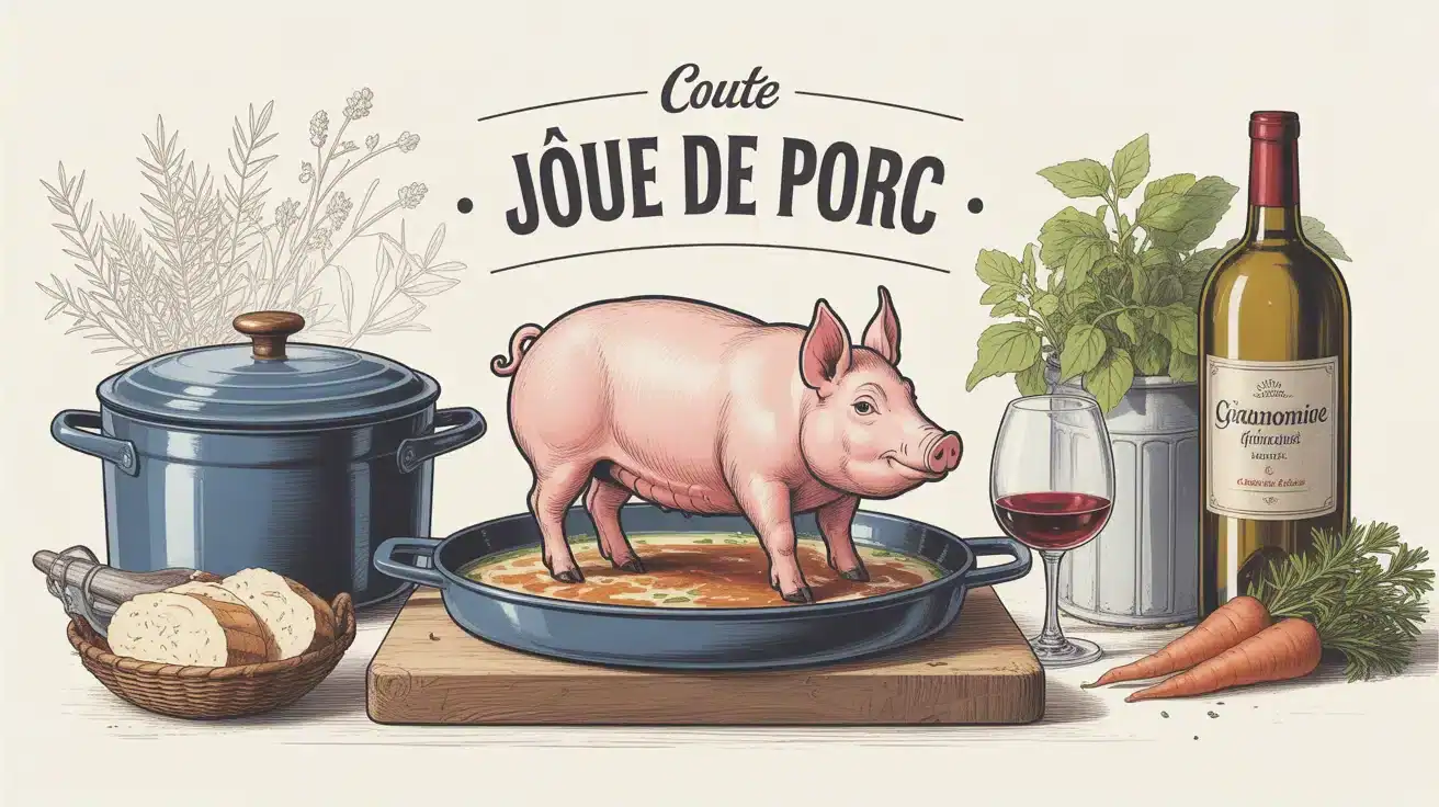 Illustration joue de porc en cocotte avec herbes et vin blanc