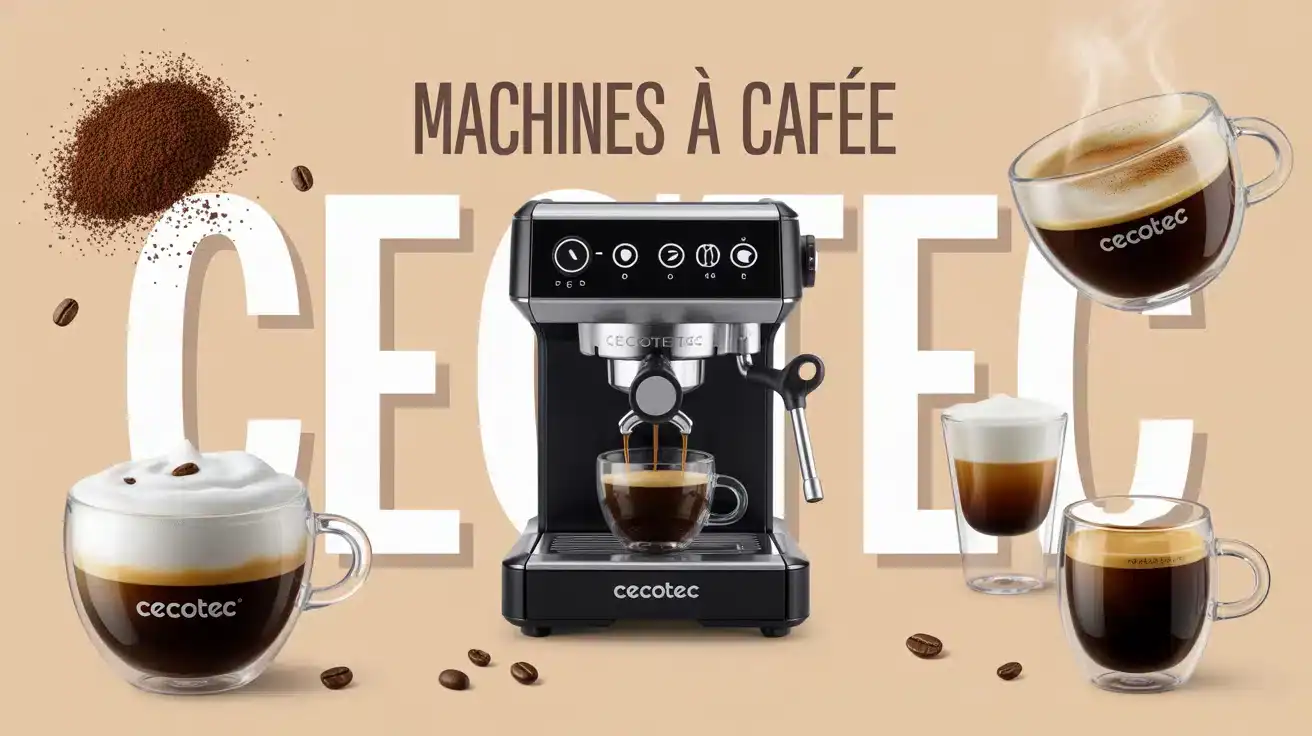 illustration machine à café Cecotec avec grains de café et mousse