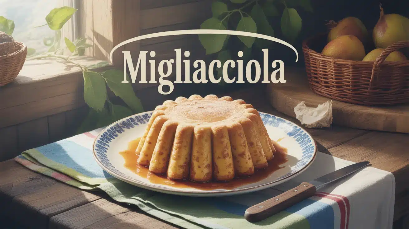 Migliacciola corse dorée sur table rustique avec feuilles de châtaignier