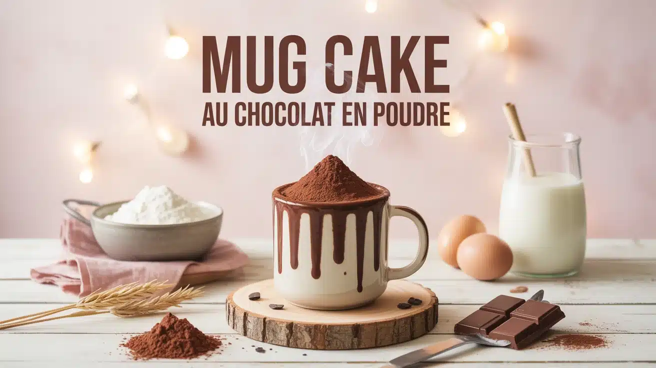 mug cake au chocolat en poudre fumant sur table en bois clair